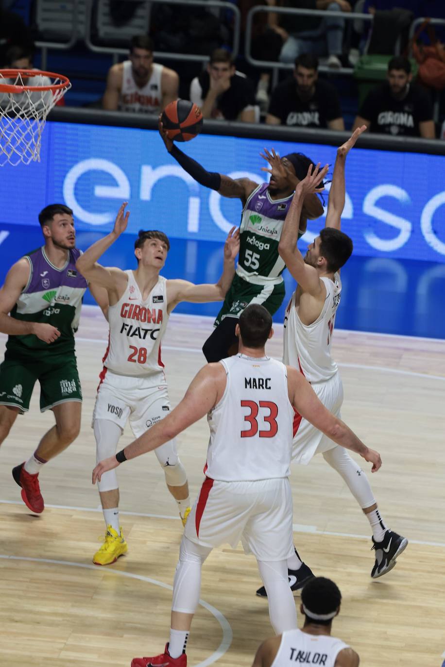 La previa del Unicaja-Girona estuvo marcada por la emoción: hubo fotos con la Copa, documental en el videomarcador e izado de la bandera con el nuevo título del club malagueño