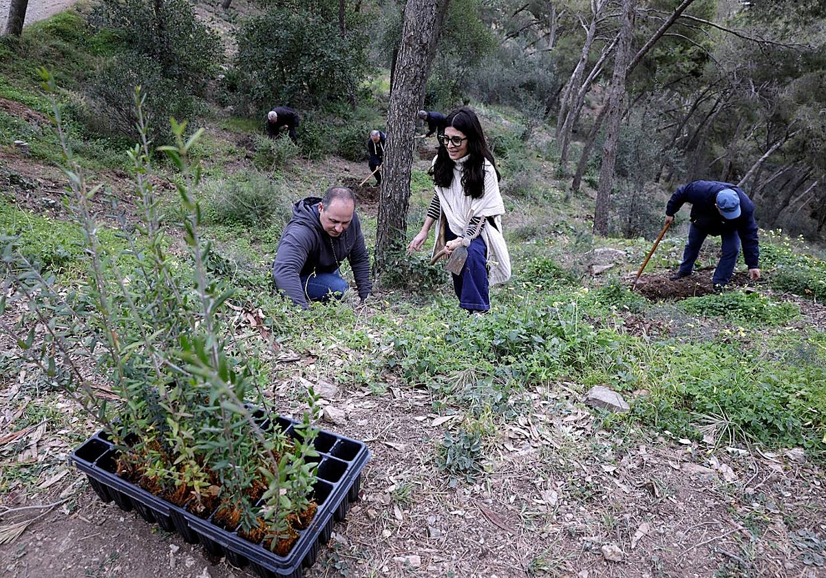 Uno de los técnicos, Rafael Vera, mientras explica a la gestora cultural Marta del Corral cómo realizar la plantación.