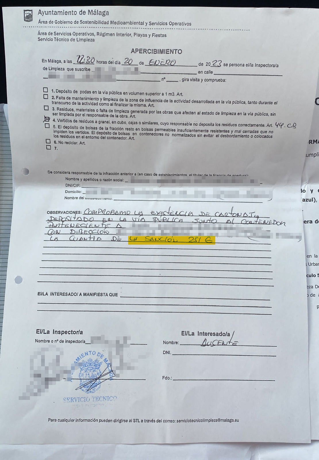 Una de las cartas de apercibimiento enviadas por el Servicio Técnico de Limpieza.