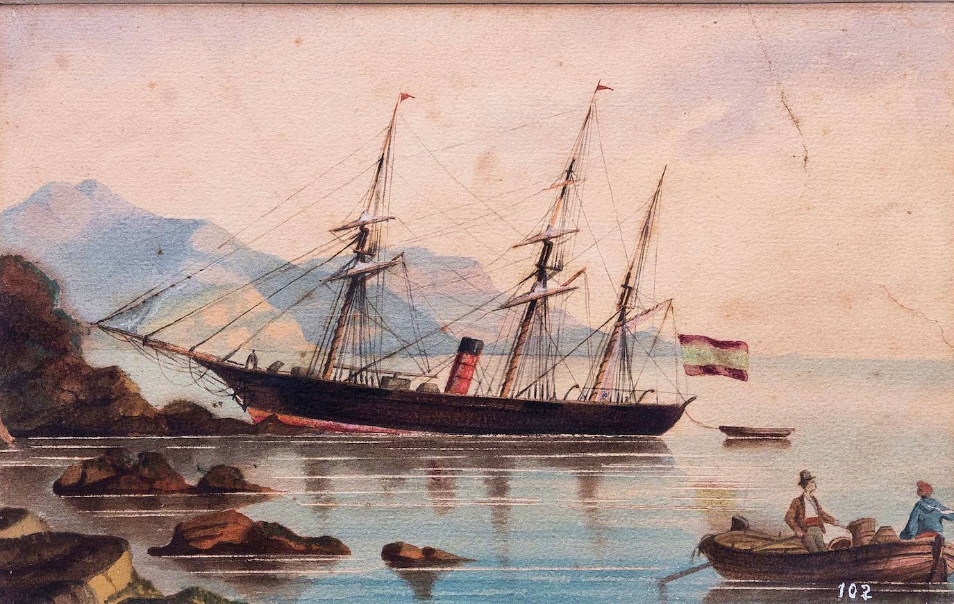 «Vista del primer buque de vapor que fondeó en Málaga». José María Ponzo.