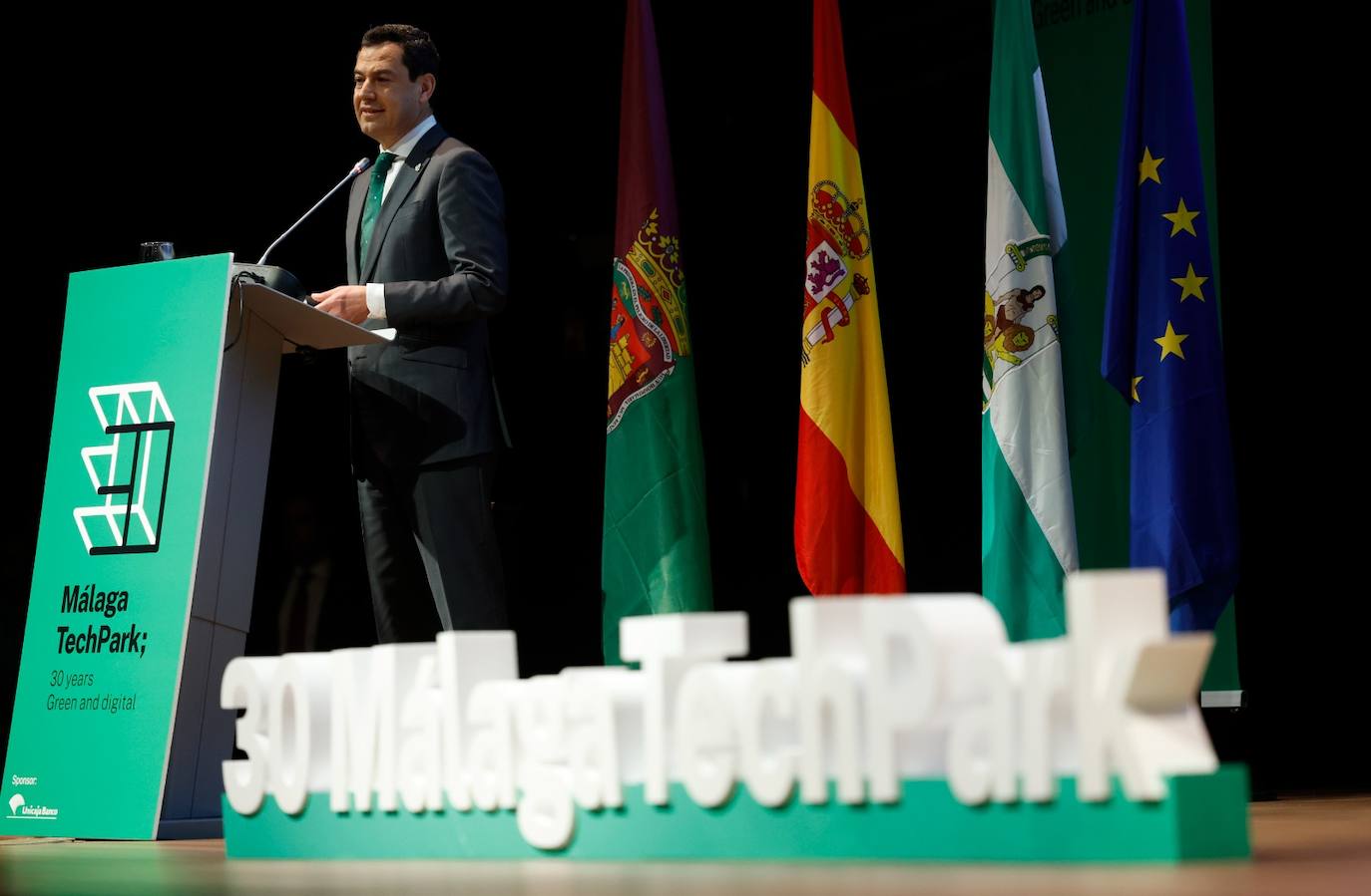 El presidente de la Junta, Juanma Moreno, en el acto del 30 aniversario del Málaga Tech Park