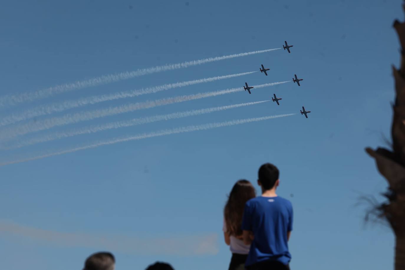 Expectación máxima es la que ha desatado este sábado la formación completa de aviones C-101 de la Patrulla Águila del Ejército del Aire en la capital malagueña donde ha dibujado entre las nubes los colores de la bandera de España.