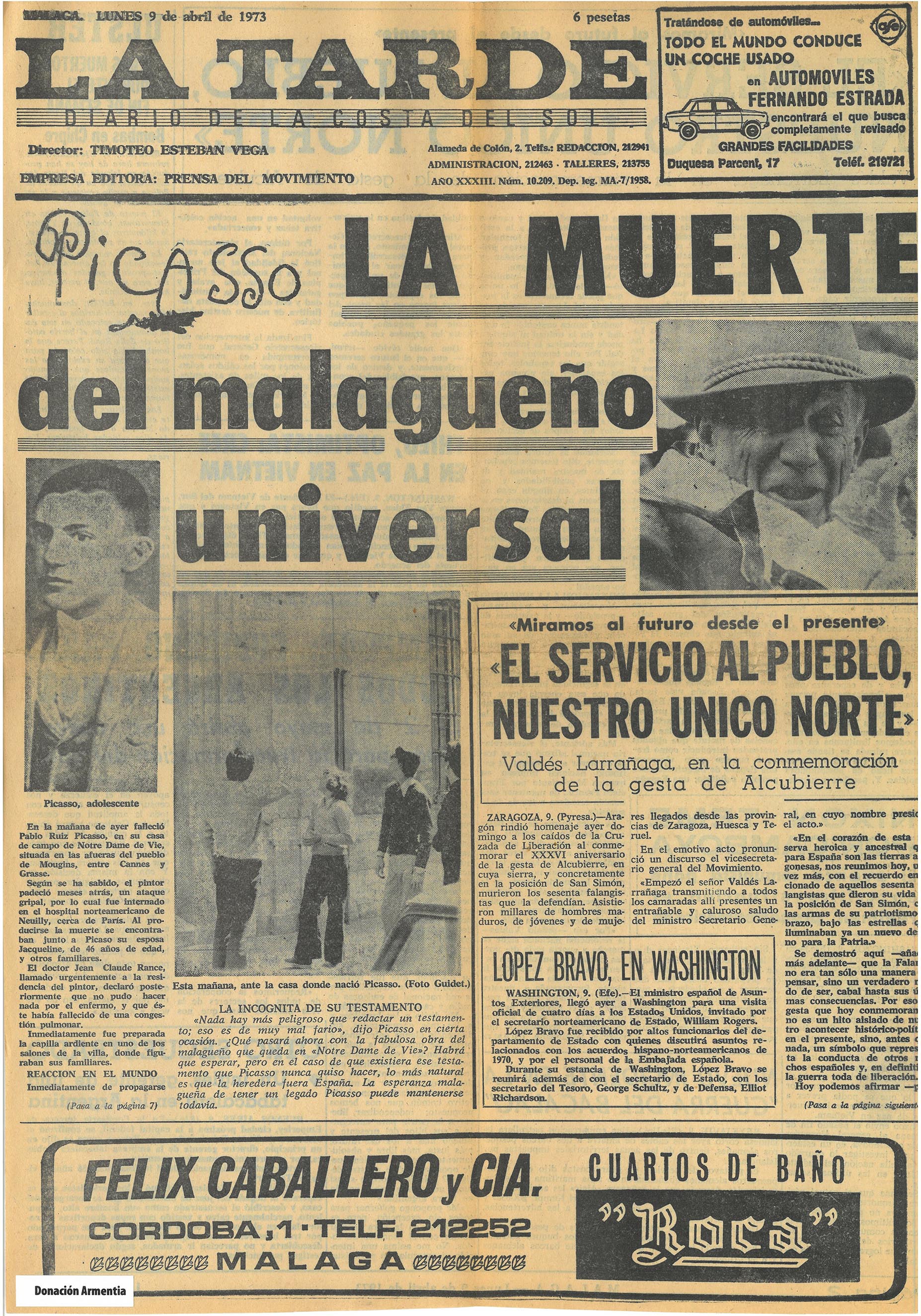 La muerte del «malagueño universal» compartía portada en 'La Tarde' con un homenaje a falangistas caídos en Alcubierre en 1937.