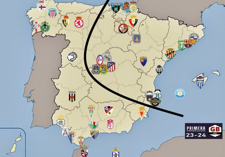 Un posible reparto de grupos en Primera RFEF (excluyendo a Alcorcón y Eldense, los últimos en subir a Segunda), en la versión este-oeste, que no es la deseada por los andaluces, pero sí la más probable.