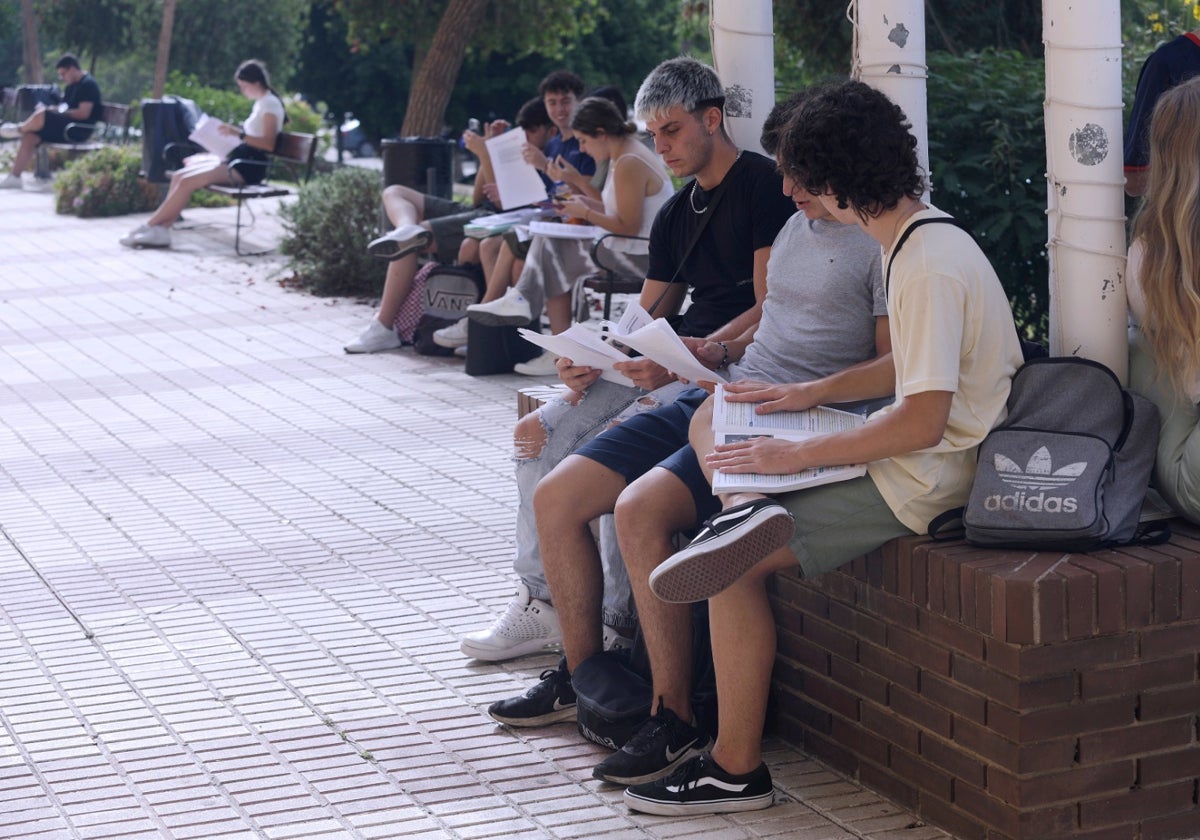 Un grupo de estudiantes, durante el descanso de este primer día de la convocatoria extraordinaria de selectividad.