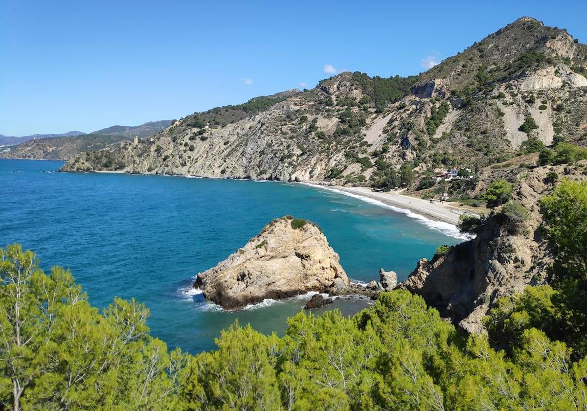 Vista parcial de la playa del Cañuelo desde el entorno de la cala de las Doncellas.