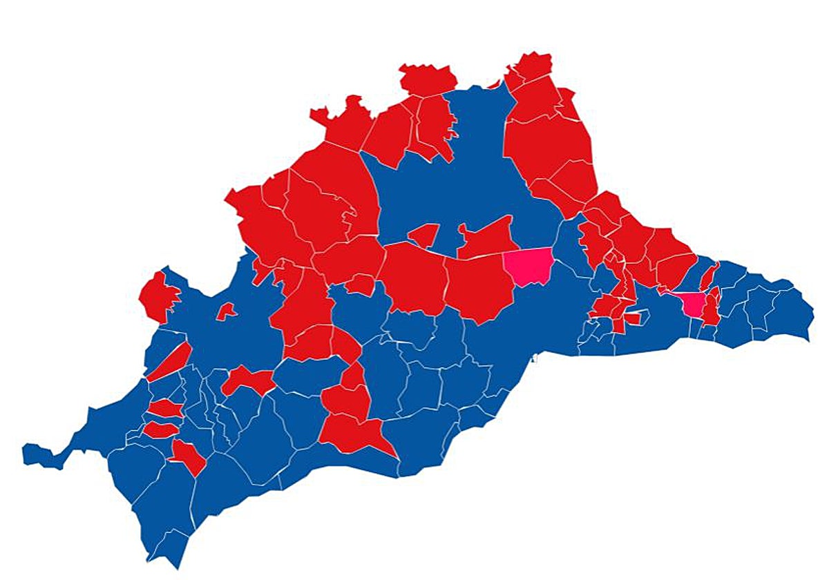 Mapa de Málaga con la victoria por municipios en colores.