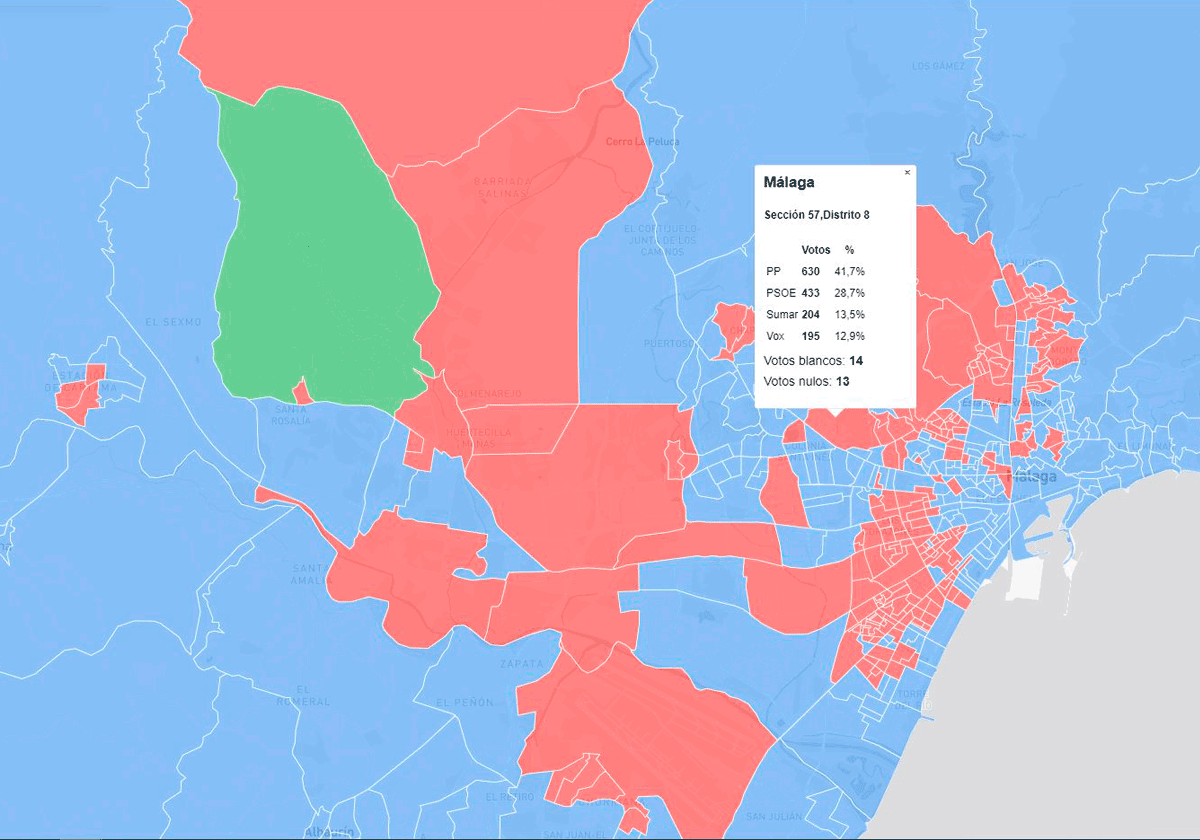 Mapa | Así se ha votado calle a calle este 23J en Málaga