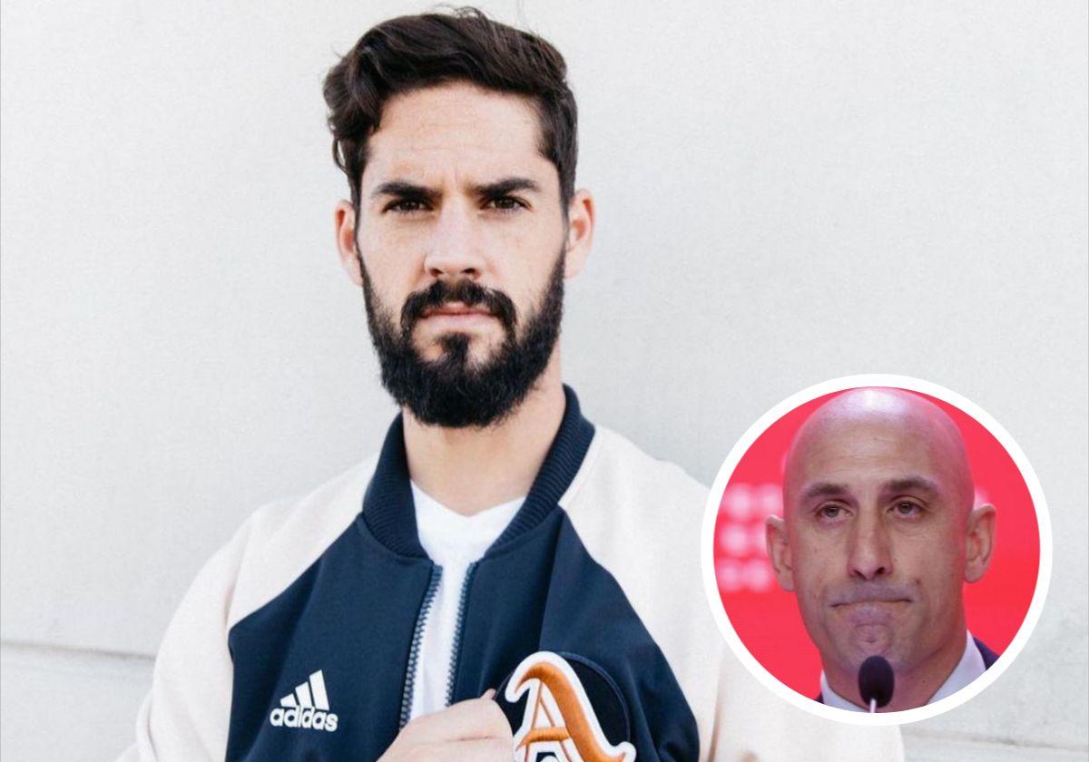 Imagen del futbolista malagueño Isco Alarcón. En el círculo, el presidente de la Federación España de Fútbol Luis Rubiales.