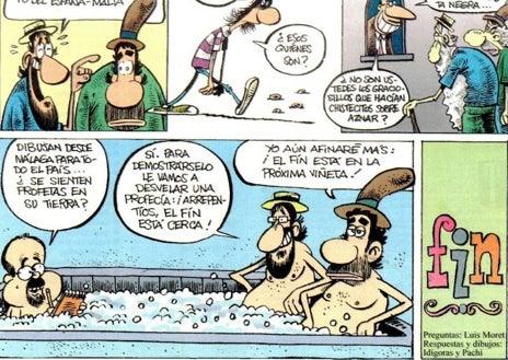 Imagen secundaria 1 - En la primera viñeta, Malaquías como as del baloncesto por tal de no bajar la basura. En la segunda, entrevista de Luis Moret a Idígoras y Pachi en el cómic 'Bokerones fritos'. En la tercera, la banda de rock tocando en la plaza de la Merced y recibiendo su primera 'limosna'.