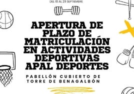 Cartel anunciador de la matriculación para las actividades deportivas.