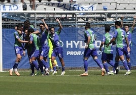 Los jugadores del Málaga celebran el segundo gol.