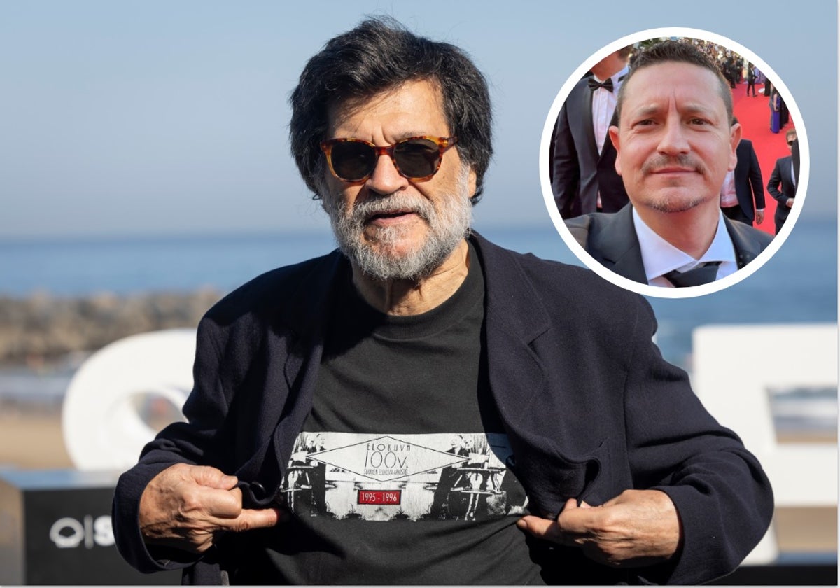 El director Víctor Erice enseña su camiseta en San Sebastián. En el círculo, el productor José Alba.