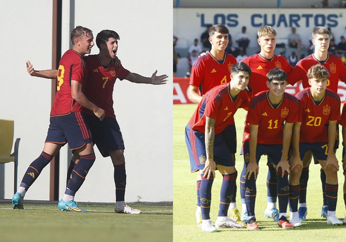 A la izquierda, el canterano del Málaga Antoñito Cordero celebra su gol con la selección española contra Rumanía en el torneo 4 Naciones que se celebra en Tenerife. A la derecha, Izan Merino y Antoñito posan juntos.