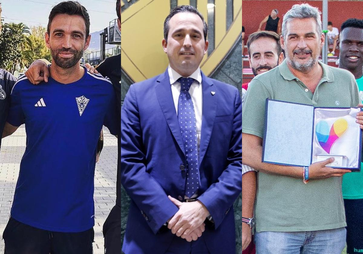 Fran Beltrán, entrenador del Marbella (izquierda); Kike Pérez, director general del Málaga (centro); y Ángel González, presidente del Antequera (derecha).