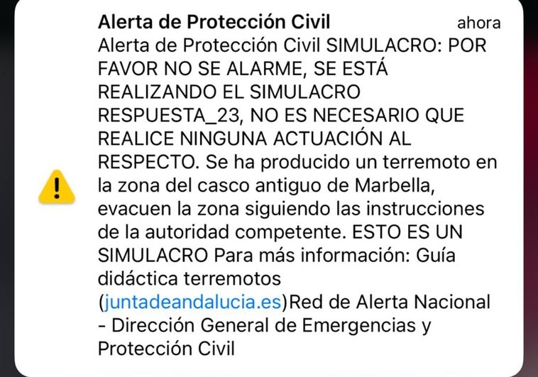 Mensaje de alerta recibido en Marbella este lunes a causa del simulacro del terremoto.