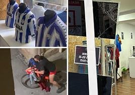 En las imágenes, las camisetas del Málaga CF sustraídas en el primer asalto; el supuesto responsable huyendo del lugar; y la puerta, con el cristal fracturado en el último robo.