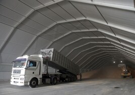 Un camión trabaja en una de las carpas para graneles del muelle de San Andrés.