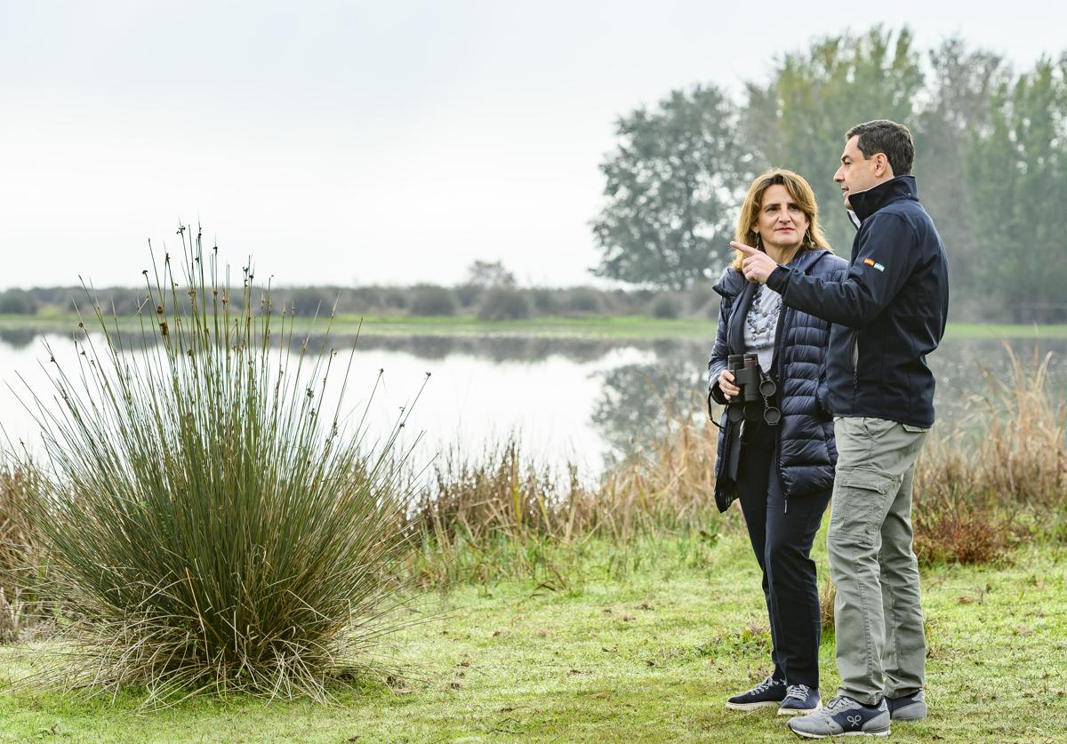 Teresa Ribera y Juanma Moreno, este lunes en el Parque Nacional de Doñana