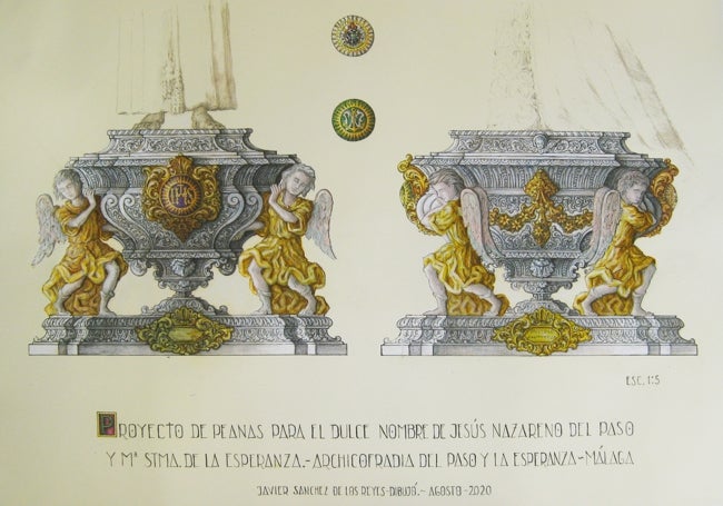 Diseño de las peanas de la basílica de la Esperanza, dibujo de Sánchez de los Reyes.