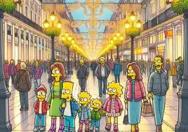 La familia Simpsons inmortaliza su paso por calle Larios donde disfrutan del espectáculo de Navidad.