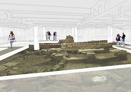 Imagen del proyecto con las pasarelas suspendidas sobre los restos de la villa romana del Museo Carmen Thyssen.