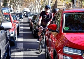 Un vehículo con etiqueta C circula por el paseo de los Curas junto a un ciclista.