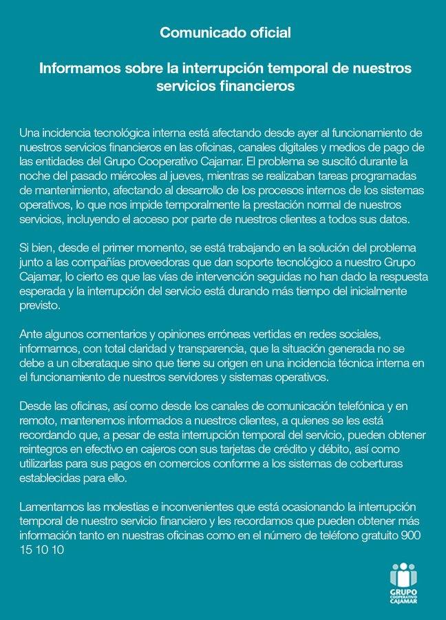 El comunicado compartido por Cajamar este viernes al mediodía. 