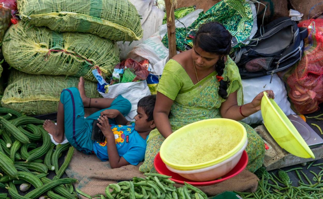 Una mujer, acompañada de su hijo, trabaja en la recogida de verduras.