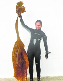 Imagen secundaria 2 - María Altamirano buceando en imagen superior y la misma con algunas de las muestras escogidas. 