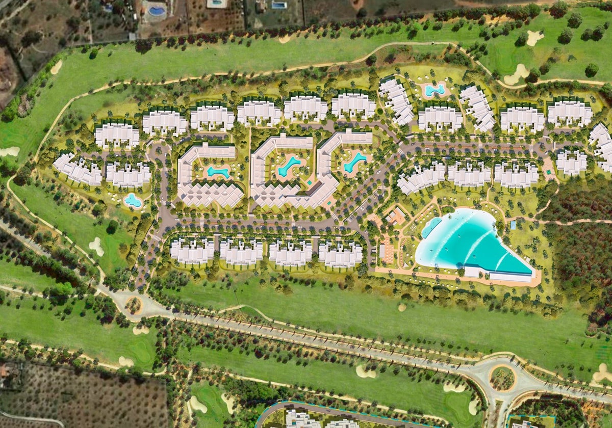 Imagen virtual del futuro complejo, con una piscina de olas, campo de golf y zona residencial.