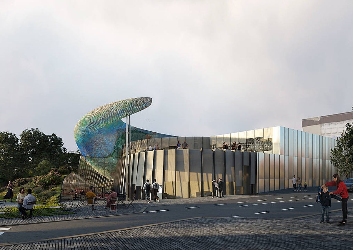 Imagen secundaria 1 - En la primera foto, el edificio al completo con su singular cubierta en forma de gota de agua. En la segunda, uno de los extremos del edificio que estará rodeado de abundante zona verde. En la última imagen, detalle de la piel cerámica que cubrirá el CaixaForum Málaga.