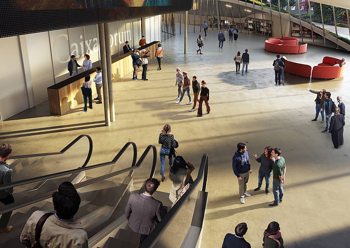 Imagen secundaria 1 - En la primera imagen, hall de entrada al CaixaForum Málaga. En la segunda, bajada desde el primer nivel a la planta baja. Y en la última, interior de una salas del nuevo dentro cultural y expositivo.