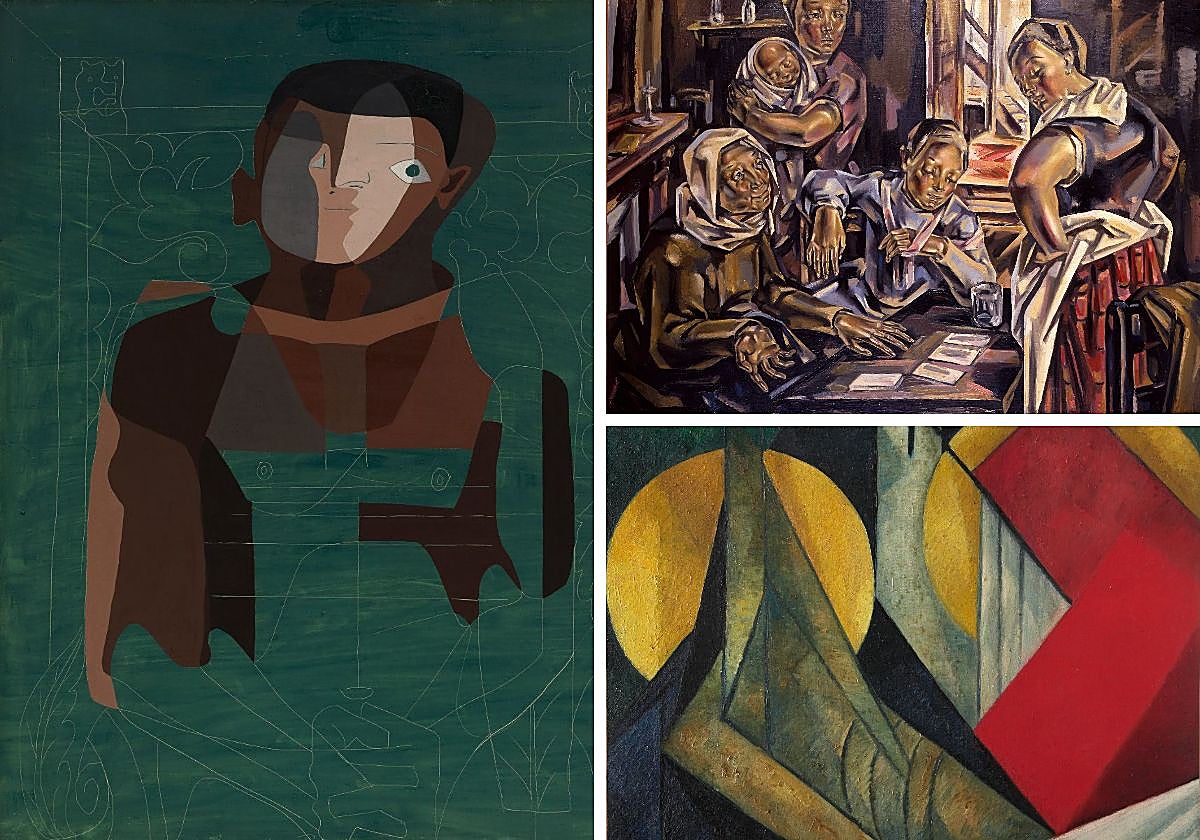 A la izquierda, 'Hombre sentado en un sillón' de Picasso (© FABA Foto: Hugard & Vanoverschelde © Sucesión Pablo Picasso, VEGAP, Madrid, 2024). A la derecha, 'La echadora de cartas' de Blanchard (© Studio Monique Bernaz, Ginebra) y 'Pietà' de De Zayas (© Zayas Archives, Sevilla)