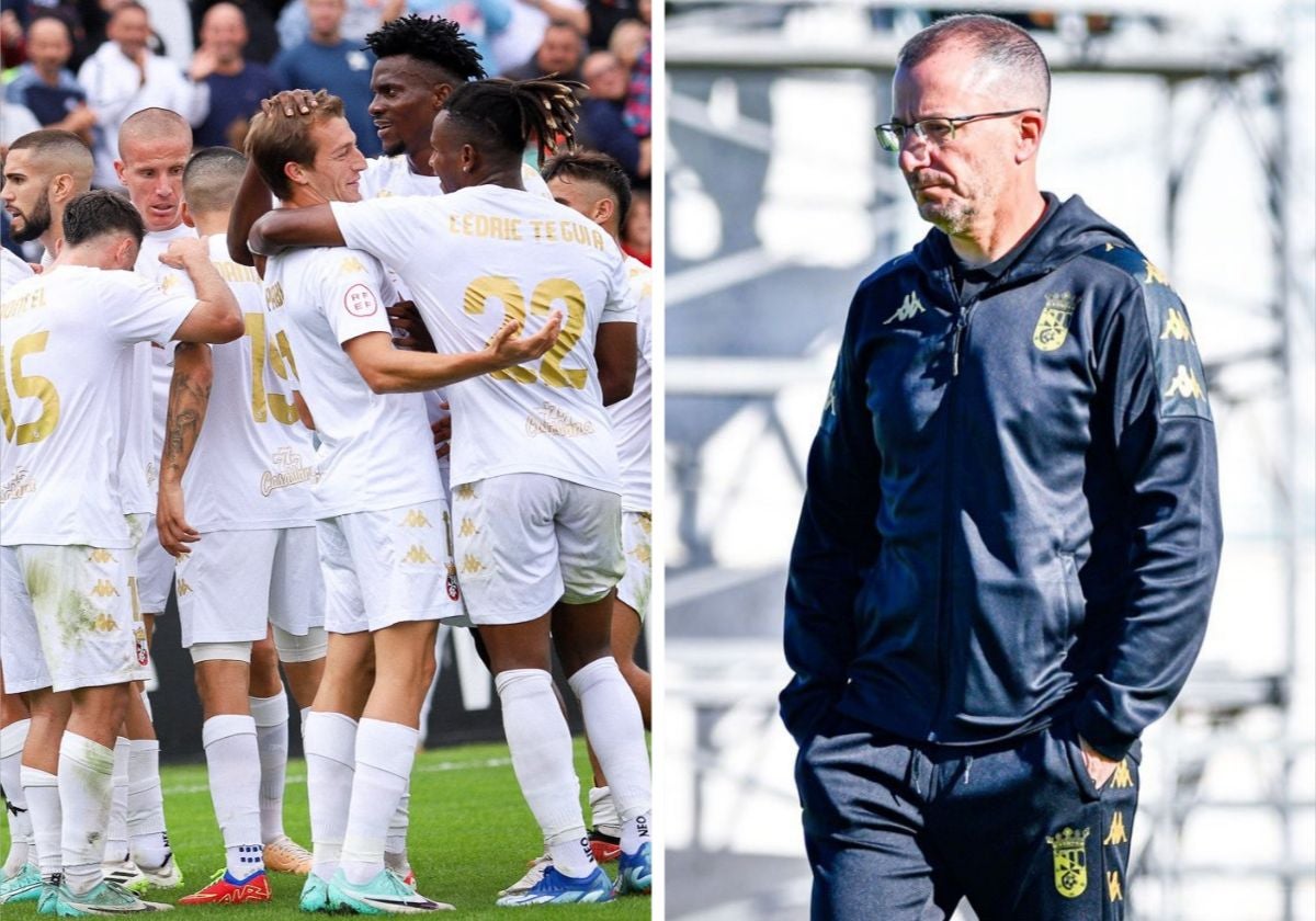 A la izquierda, jugadores del Ceuta celebran un gol esta temporad. A la derecha, el entrenador Juan José Romero.