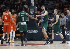 Los jugadores del Unicaja celebran una canasta de Kravish.