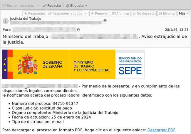 Detalle de uno de los correos detectados.