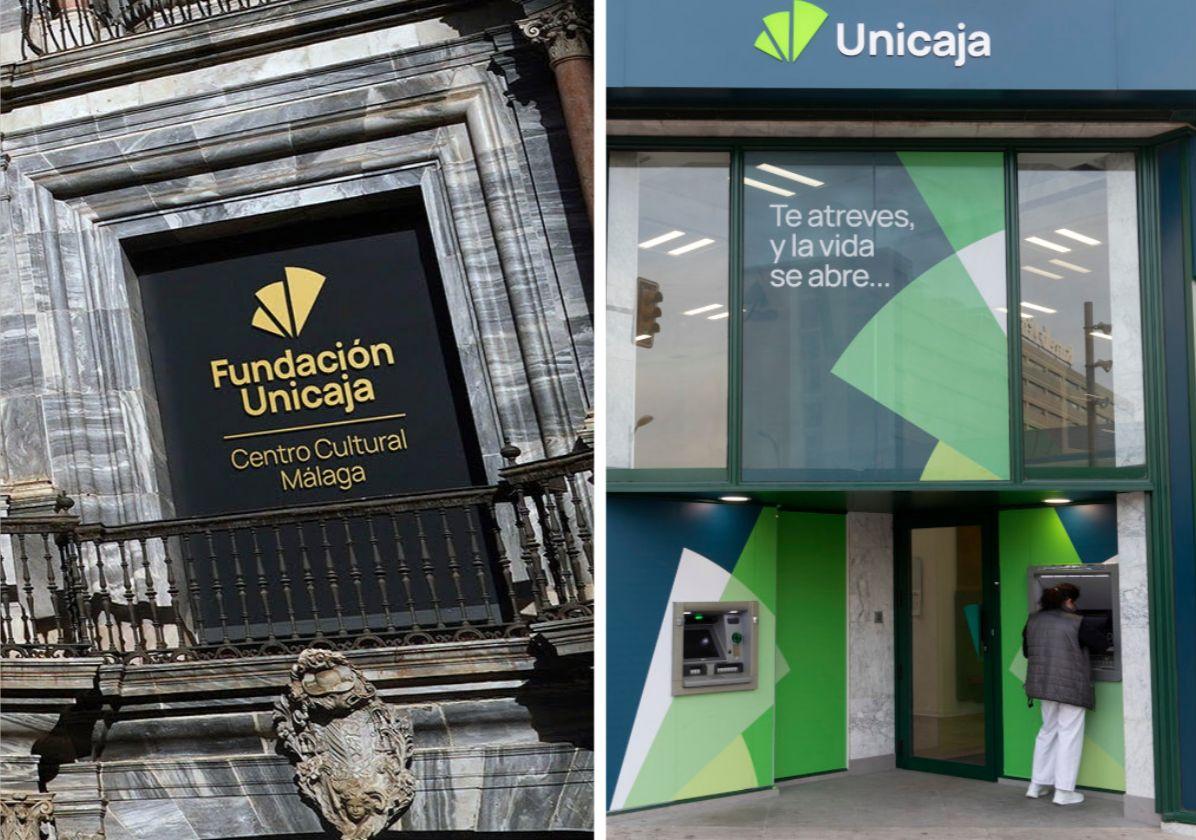 Fachada del Centro Cultural Fundación Unicaja de Málaga y una sucursal bancaria con la nueva imagen.