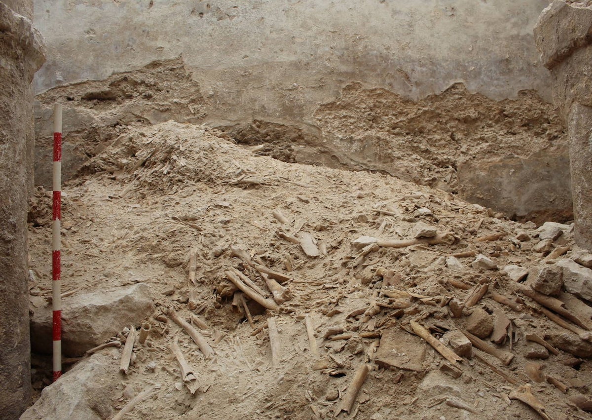 Imagen secundaria 1 - En la primera imagen, vista aérea del Castillo de la Estrella de Teba; en la segunda imagen, vista del gran vertido de restos humanos en la base de la torre del campanario y en la tercera imagen, los restos del altar de la iglesia de la Santa Cruz.