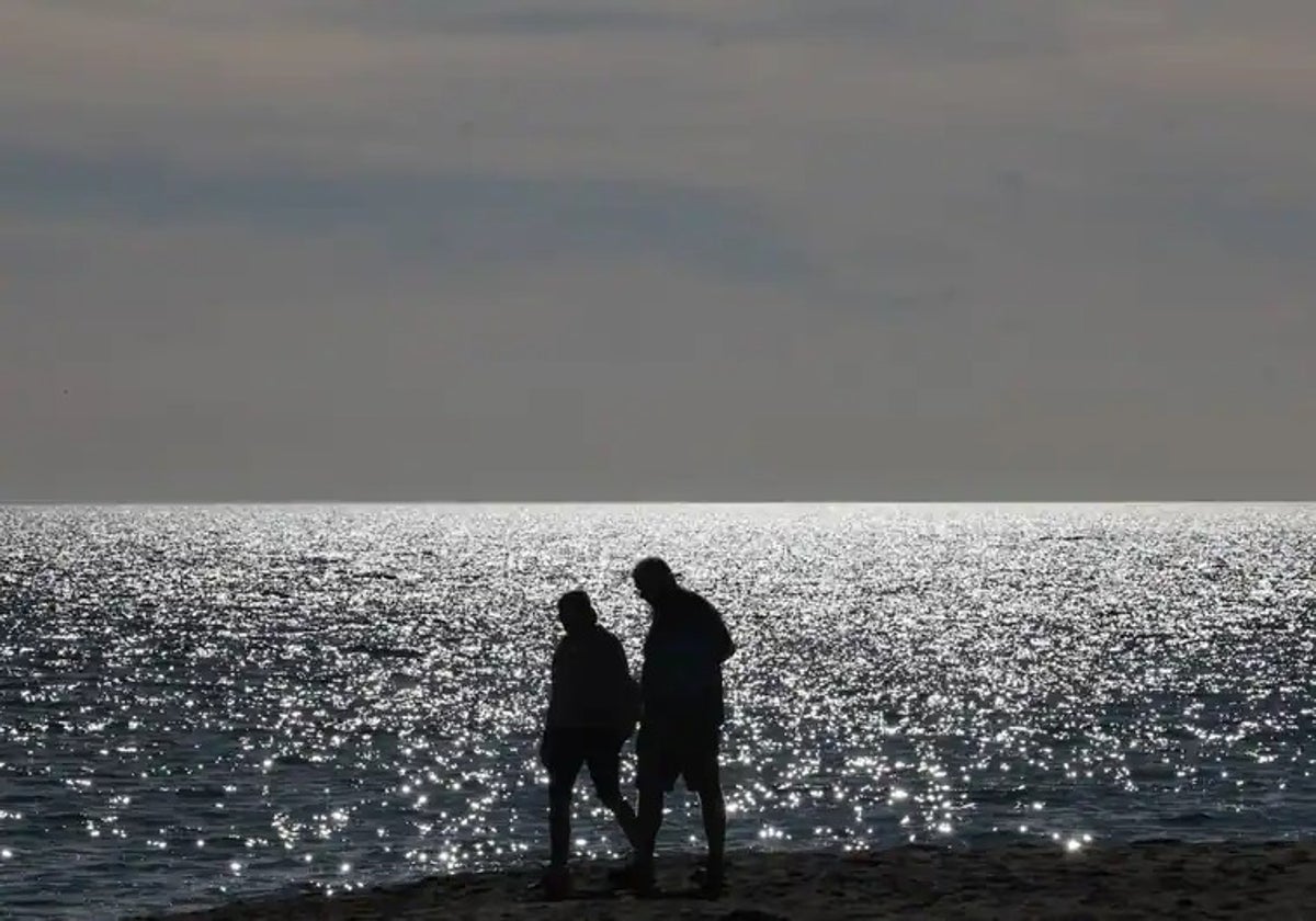 Dos personas pasean por la playa de Guadalmar, en Málaga.