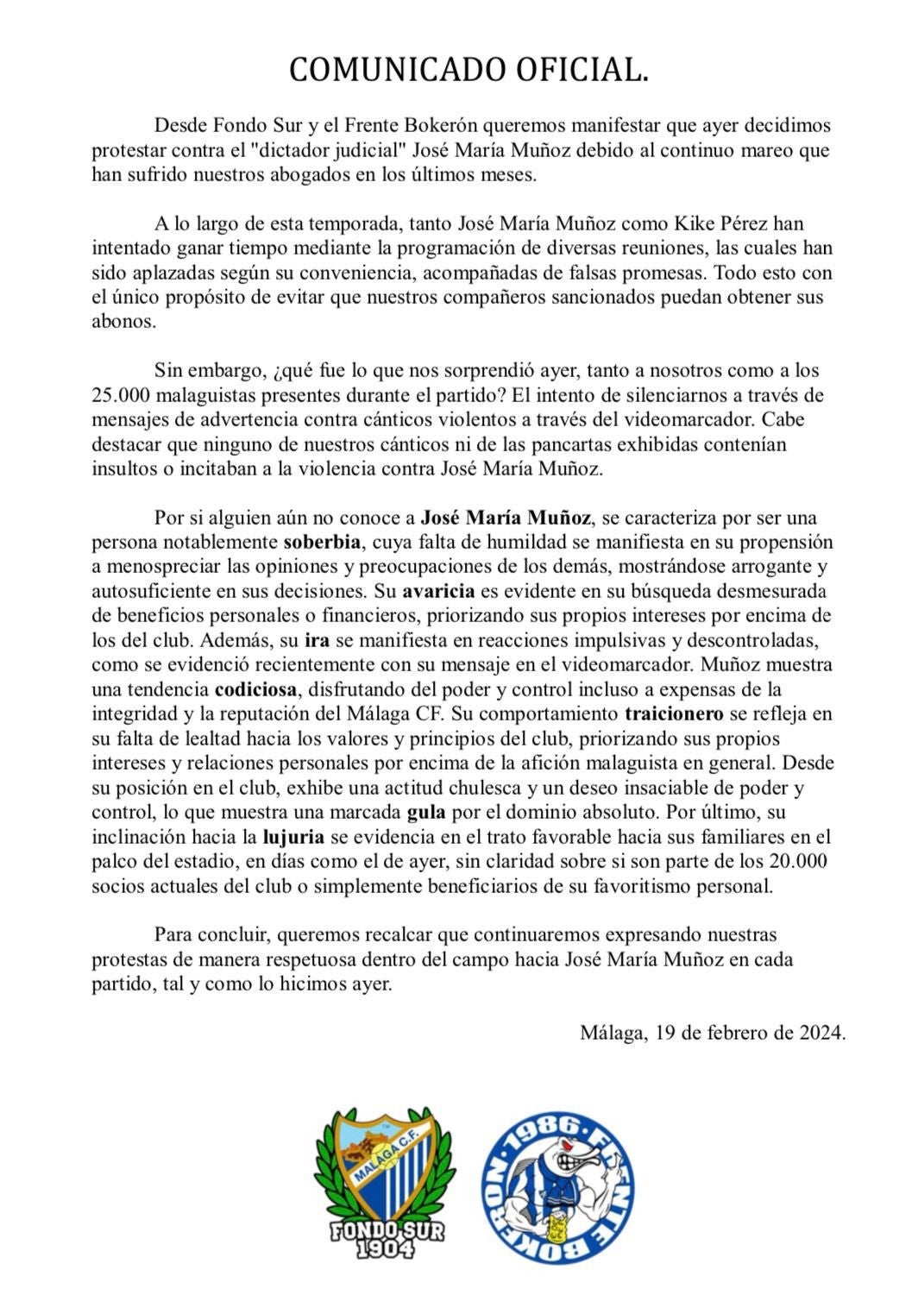 Comunicado íntegro de Fondo Sur y Frente Bokerón en contra del administrador judicial del Málaga.