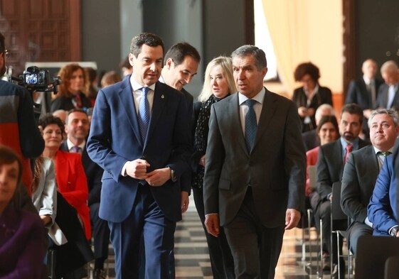 Juanma Moreno; el presidente del TSJA, Lorenzo del Río; el consejero de Justicia, José Antonio Nieto, y la fiscal superior de Andalucía, Ana Tárrago.