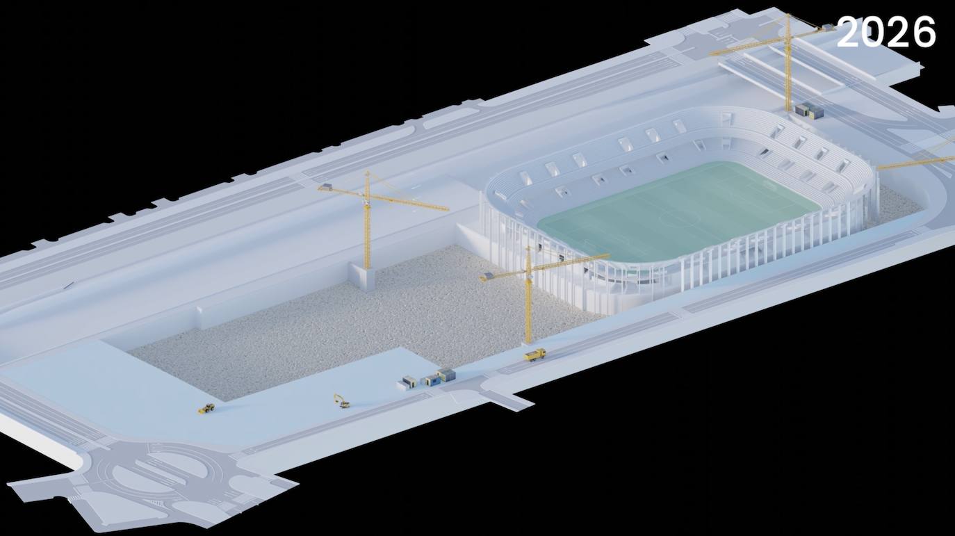 Previsión del estado de las obras de la nueva Rosaleda en 2026.