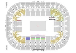 Croquis del recinto del Stark Arena de Belgrado, con las zonas reservadas a aficionados del Unicaja (798 asientos) en otro color.