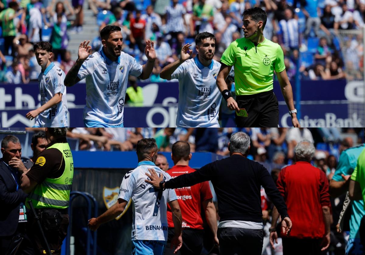 Dos momentos del Málaga-Murcia: Pellicer saca a Ferreiro del campo para no agravar la situación después de su injusta expulsión. Los jugadores Dioni y Ramón protestan al árbitro extremeño Antonio Sánchez.