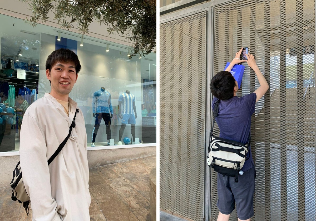 Algunas de las fotos de Yuki Ikeda en Málaga, en la tienda de calle Granada y en la puerta de La Rosaleda.