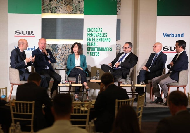 Álvarez de Toledo, de Verbund, interviene en el foro SUR ante la atenta mirada del alcalde de Antequera, Manuel Barón, y los representantes del Museo Arqueológico de Granada (María Ángeles Ginés), el moderador (Ignacio Lillo) el delegado de Sostenibilidad (José Antonio Víquez) y el directivo de Sabia (Pablo de la Rosa).