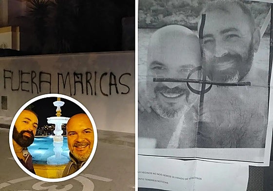 Javier y su pareja, junto a la pintada de su casa y la fotografía intimidatoria.