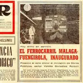 Noticia en la portada de SUR en la que se habla de la inauguración del ferrocarril Málaga-Fuengirola.
