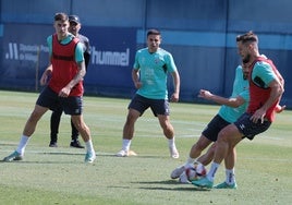 Jugadores del Málaga en el entrenamiento de este martes.